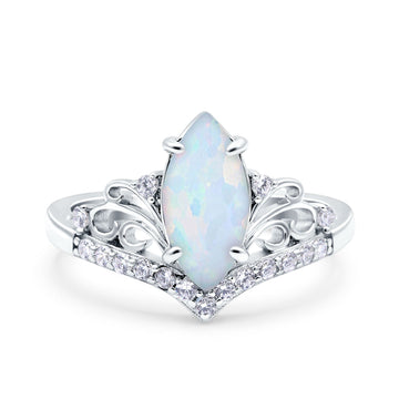 Marquise Art Deco Wedding Bridal Ring Lab Created White Opal 925 Sterling Silver